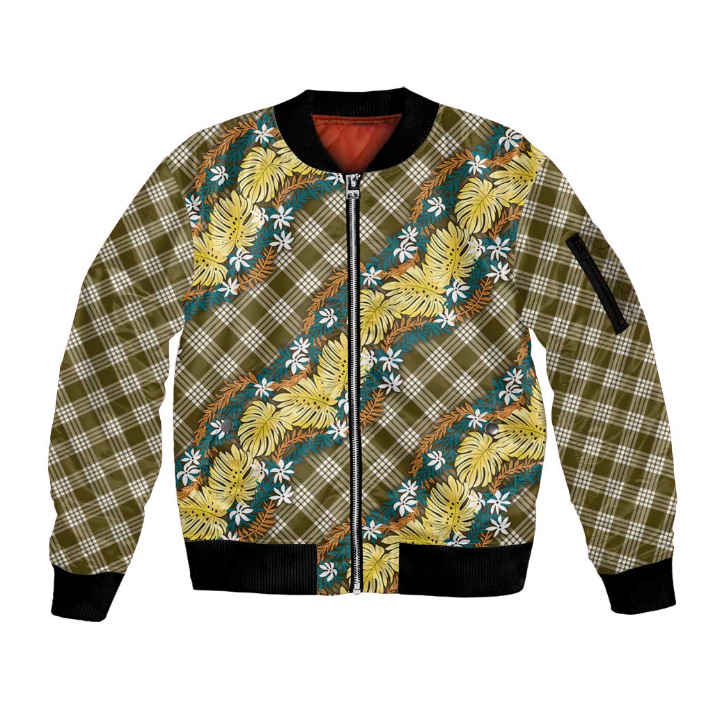 Polynesian Monstera Tiare Floral Sleeve Zip Bomber Jacket Yellow Tropical Plaid - Polynesian Pride