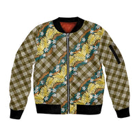 Polynesian Monstera Tiare Floral Sleeve Zip Bomber Jacket Yellow Tropical Plaid - Polynesian Pride