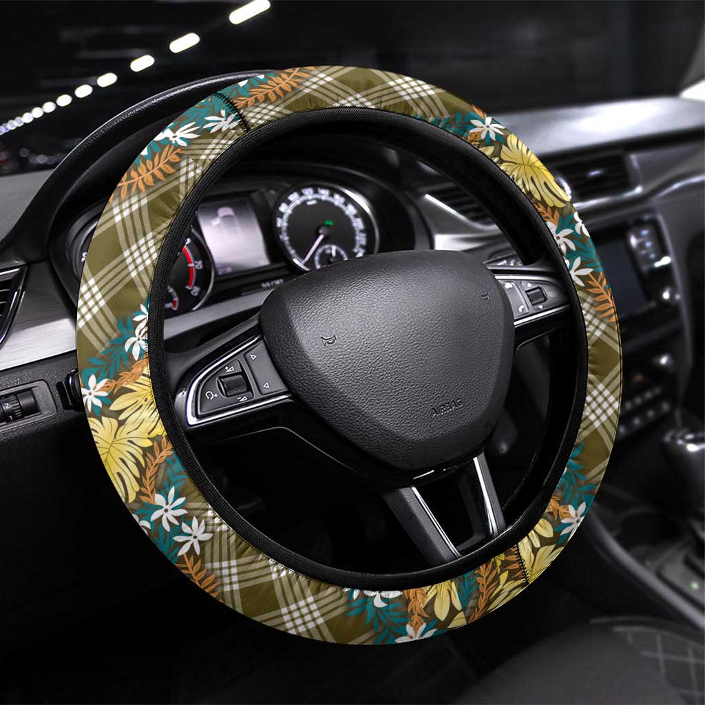 Polynesian Monstera Tiare Floral Steering Wheel Cover Yellow Tropical Plaid LT01 Universal Fit Yellow - Polynesian Pride