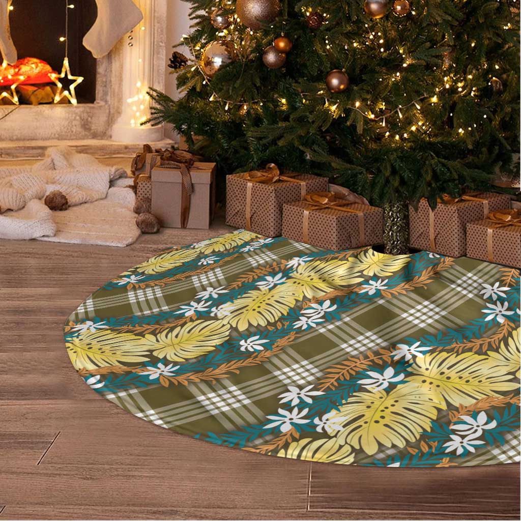Polynesian Monstera Tiare Floral Tree Skirt Yellow Tropical Plaid LT01 - Polynesian Pride