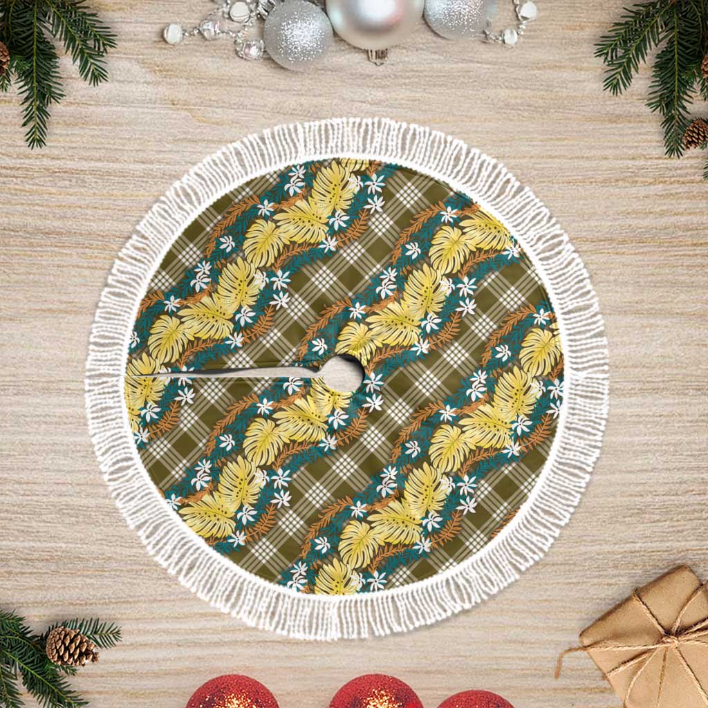 Polynesian Monstera Tiare Floral Tree Skirt Yellow Tropical Plaid LT01 Fringed Yellow - Polynesian Pride