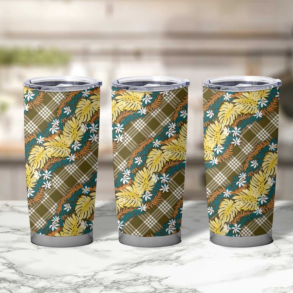 Polynesian Monstera Tiare Floral Tumbler Cup Yellow Tropical Plaid LT01 - Polynesian Pride