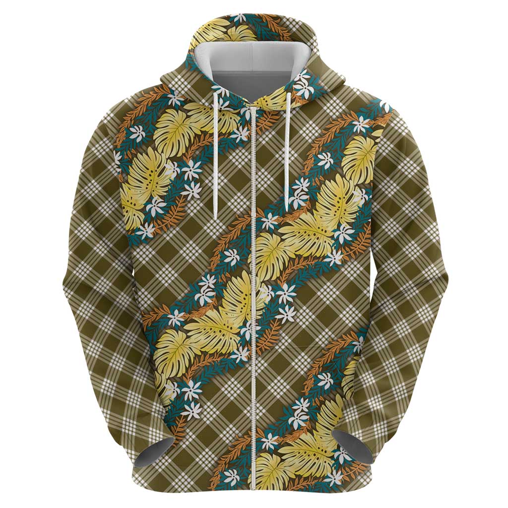 Polynesian Monstera Tiare Floral Zip Hoodie Yellow Tropical Plaid LT01 - Polynesian Pride