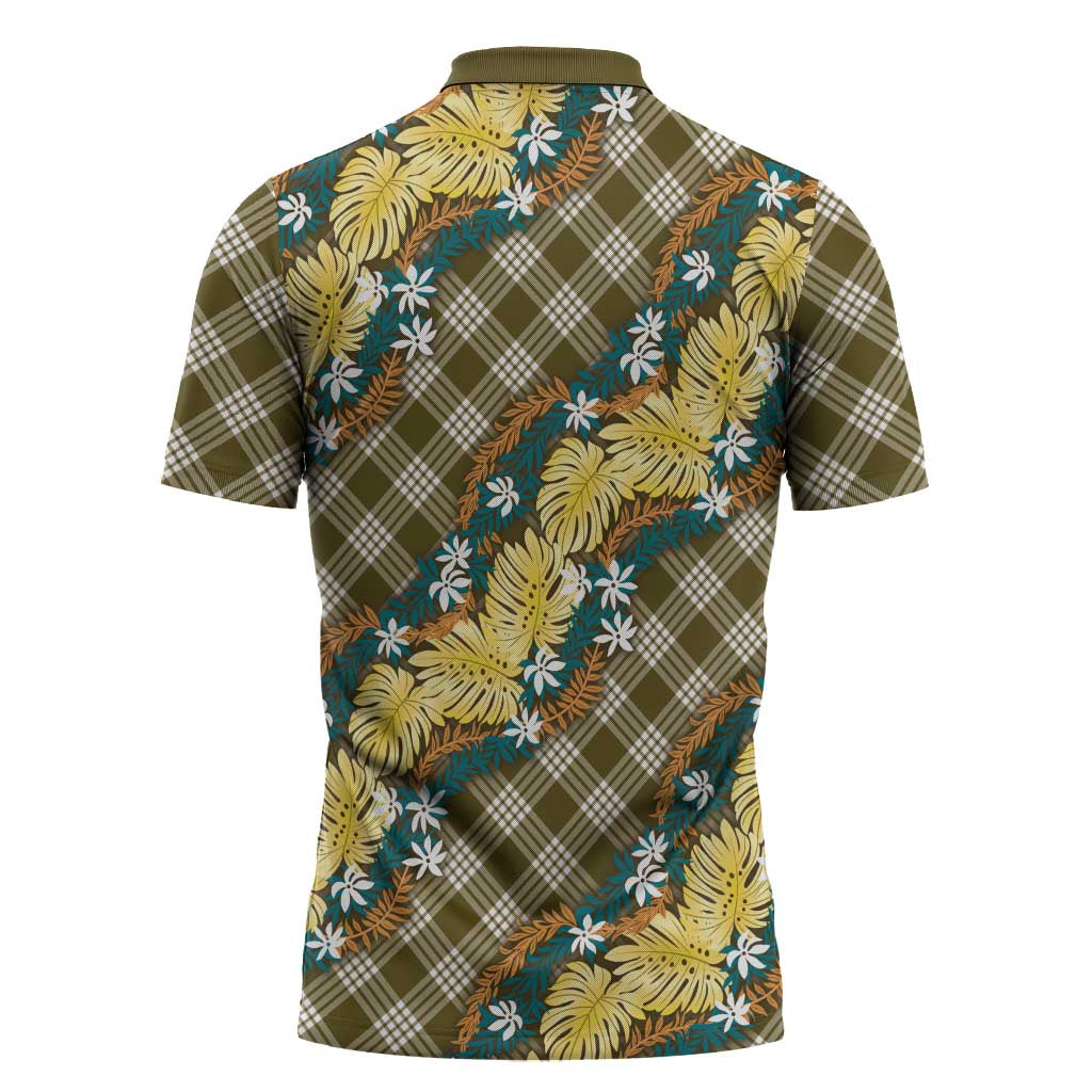 Polynesian Monstera Tiare Floral Zipper Polo Shirt Yellow Tropical Plaid LT01 - Polynesian Pride