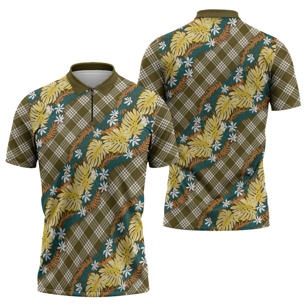 Polynesian Monstera Tiare Floral Zipper Polo Shirt Yellow Tropical Plaid LT01 - Polynesian Pride