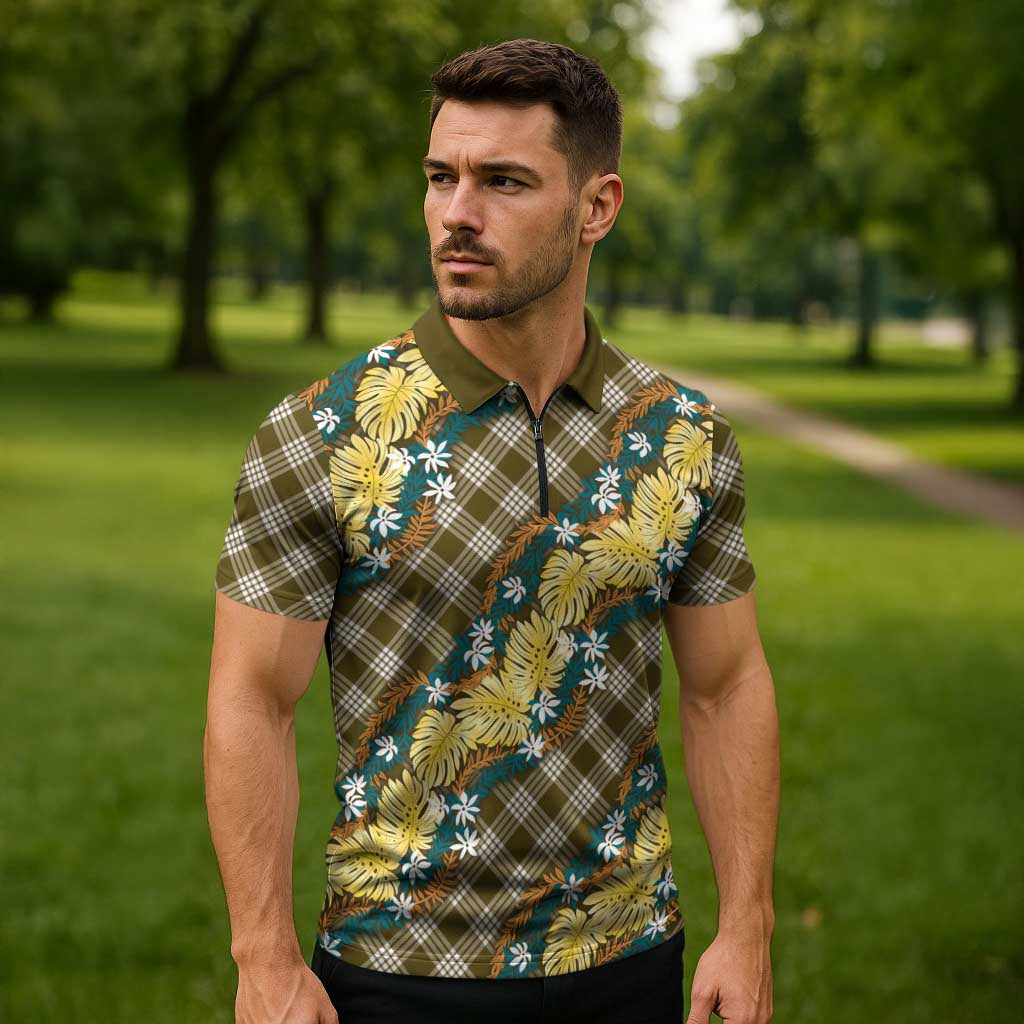 Polynesian Monstera Tiare Floral Zipper Polo Shirt Yellow Tropical Plaid LT01 - Polynesian Pride
