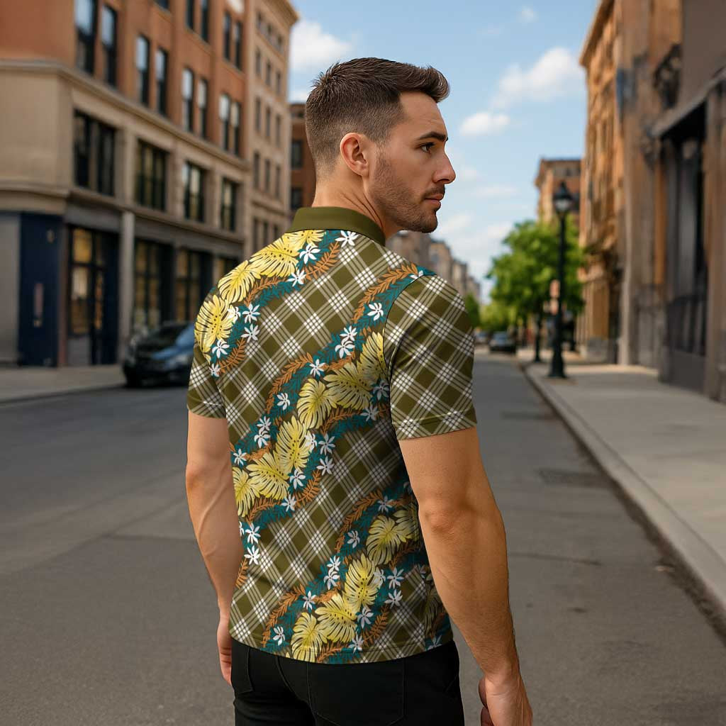 Polynesian Monstera Tiare Floral Zipper Polo Shirt Yellow Tropical Plaid LT01 - Polynesian Pride