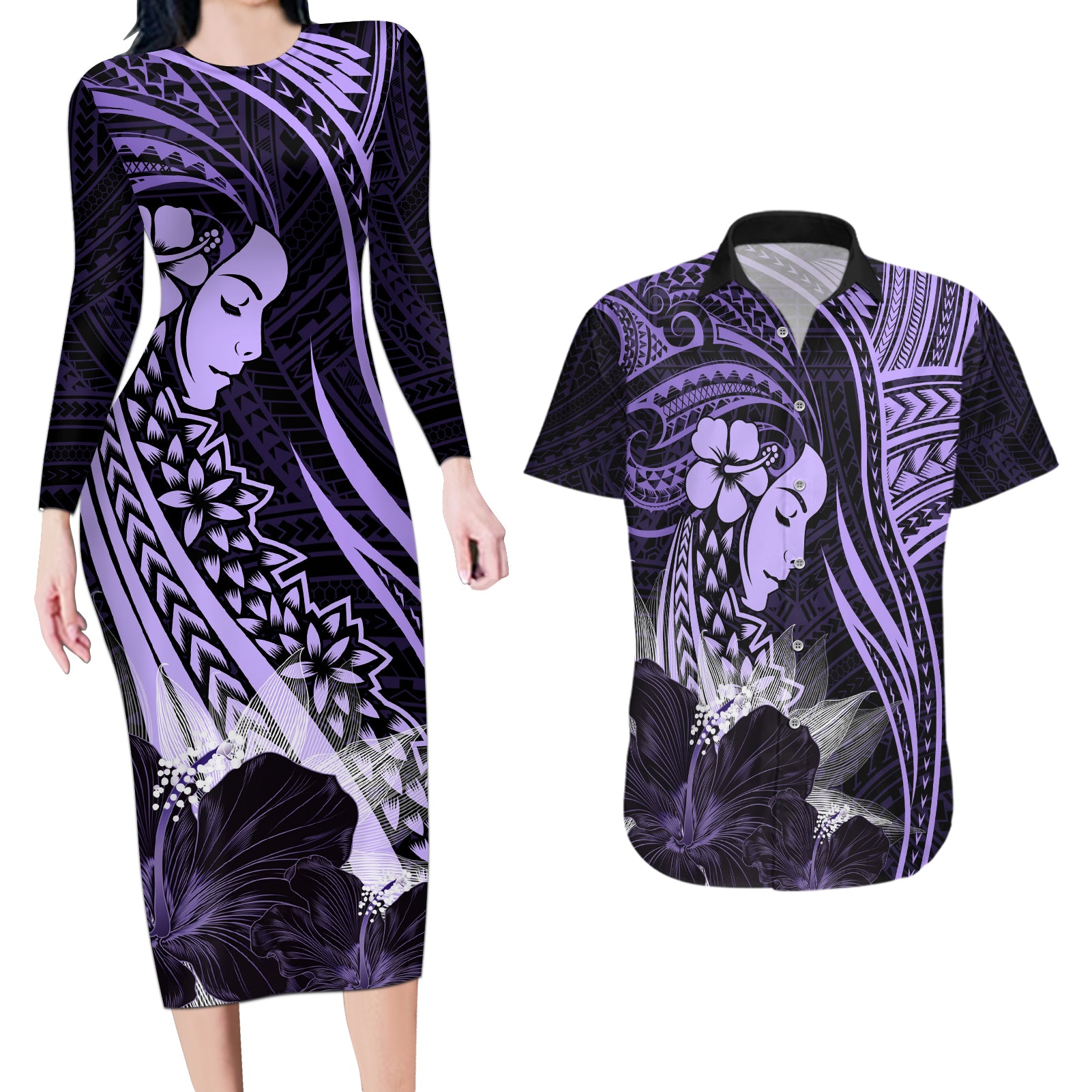 Polynesian Women Day 2024 Couples Matching Long Sleeve Bodycon Dress and Hawaiian Shirt Hibiscus Girl Tribal LT01 Purple - Polynesian Pride