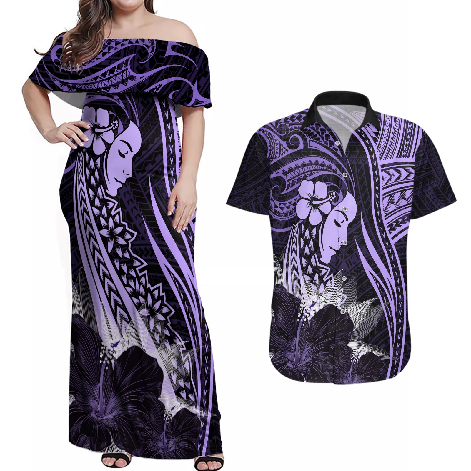 Polynesian Women Day 2024 Couples Matching Off Shoulder Maxi Dress and Hawaiian Shirt Hibiscus Girl Tribal LT01 Purple - Polynesian Pride