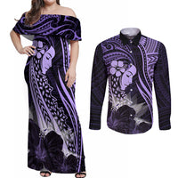 Polynesian Women Day 2024 Couples Matching Off Shoulder Maxi Dress and Long Sleeve Button Shirt Hibiscus Girl Tribal LT01 Purple - Polynesian Pride