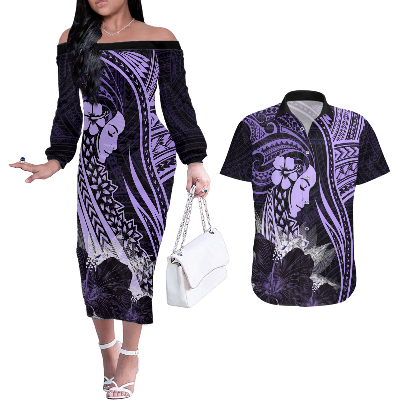 Polynesian Women Day 2024 Couples Matching Off The Shoulder Long Sleeve Dress and Hawaiian Shirt Hibiscus Girl Tribal LT01 Purple - Polynesian Pride
