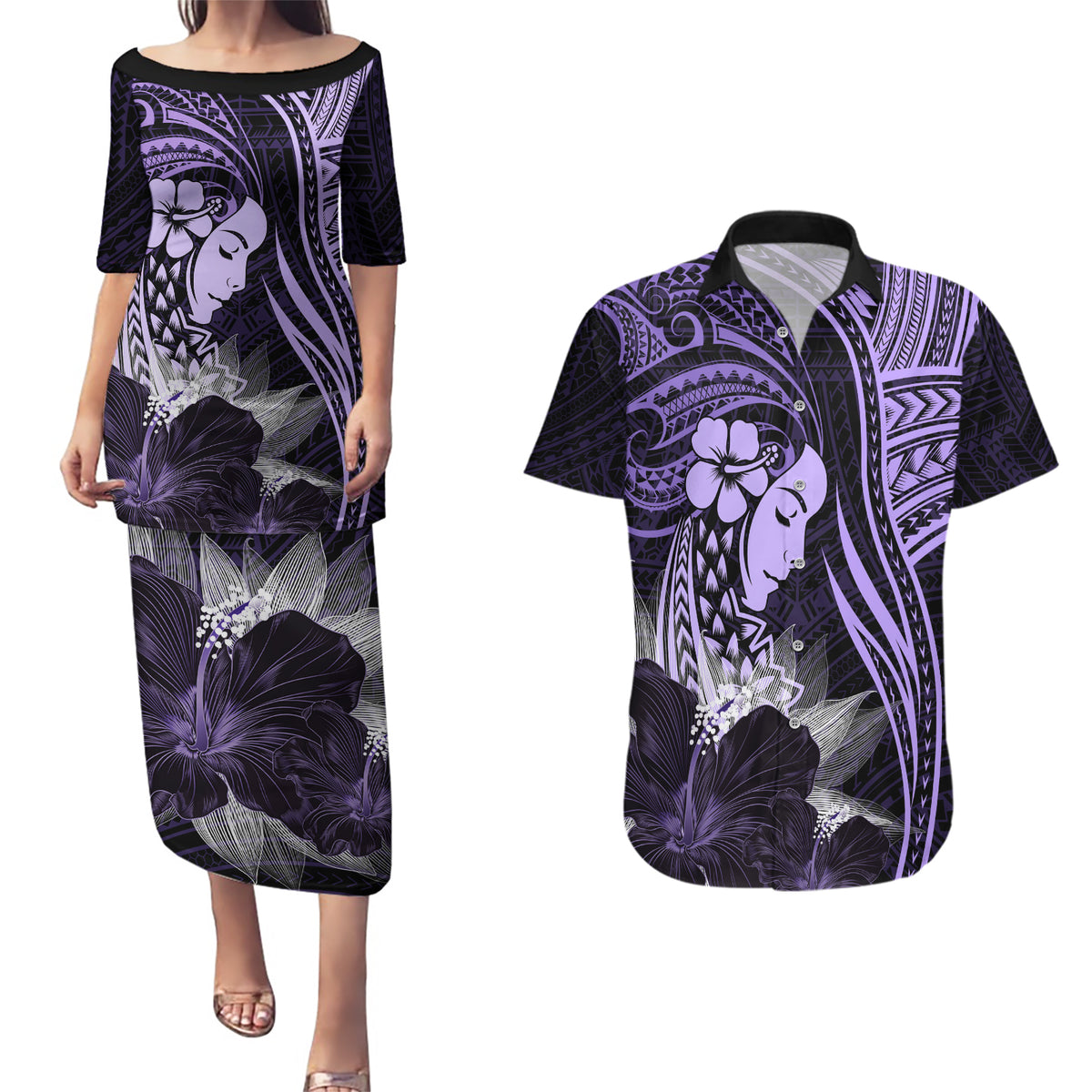 Polynesian Women Day 2024 Couples Matching Puletasi and Hawaiian Shirt Hibiscus Girl Tribal LT01 Purple - Polynesian Pride