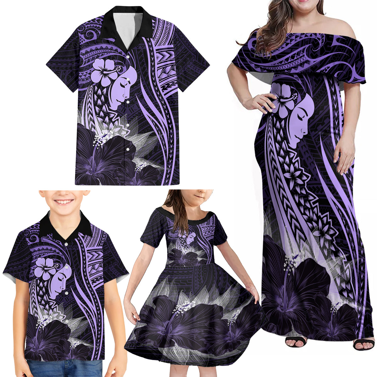 Polynesian Women Day 2024 Family Matching Off Shoulder Maxi Dress and Hawaiian Shirt Hibiscus Girl Tribal LT01 - Polynesian Pride