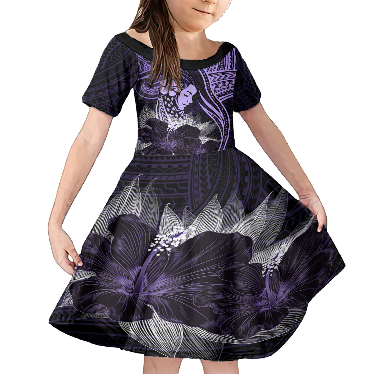 Polynesian Women Day 2024 Family Matching Off Shoulder Short Dress and Hawaiian Shirt Hibiscus Girl Tribal LT01 Daughter's Dress Purple - Polynesian Pride