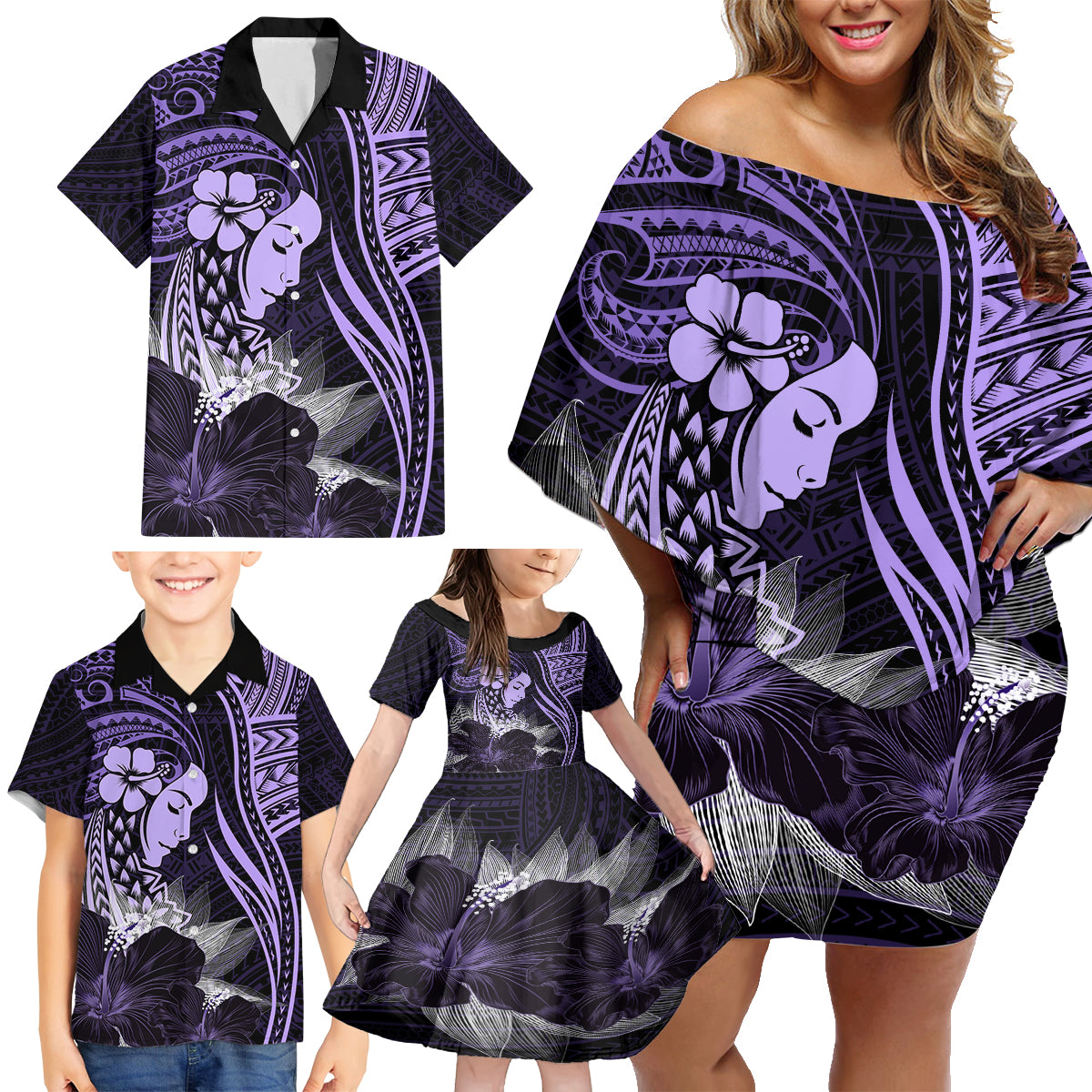 Polynesian Women Day 2024 Family Matching Off Shoulder Short Dress and Hawaiian Shirt Hibiscus Girl Tribal LT01 - Polynesian Pride