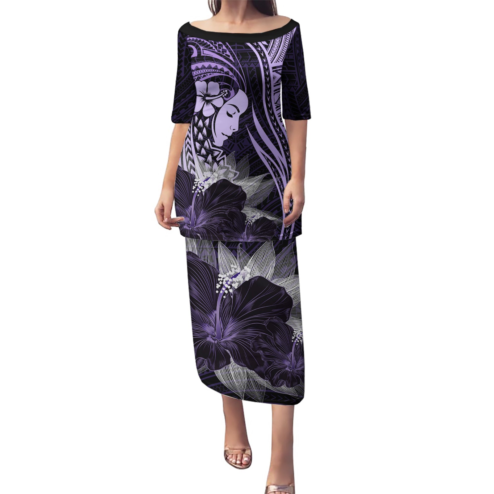 Polynesian Women Day 2024 Puletasi Hibiscus Girl Tribal LT01 Long Dress Purple - Polynesian Pride