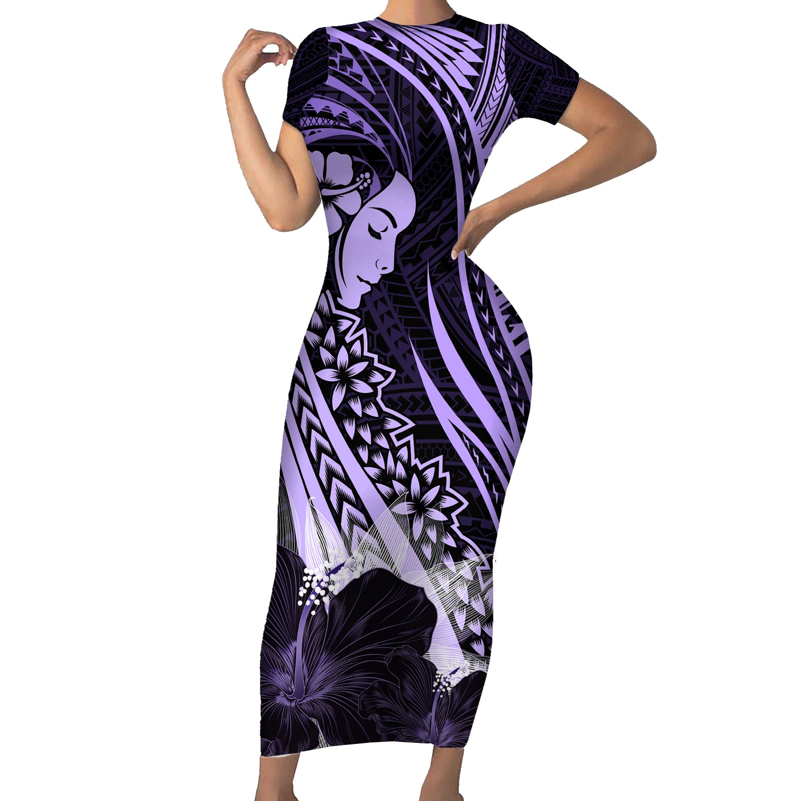 Polynesian Women Day 2024 Short Sleeve Bodycon Dress Hibiscus Girl Tribal LT01 Long Dress Purple - Polynesian Pride