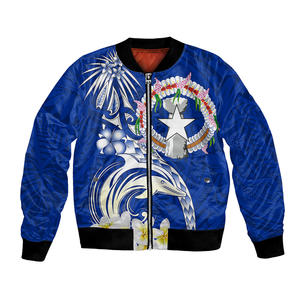 Northern Mariana Islands Commonwealth Day 2024 Bomber Jacket Dolphin With Plumeria Flower LT01 Unisex Blue - Polynesian Pride