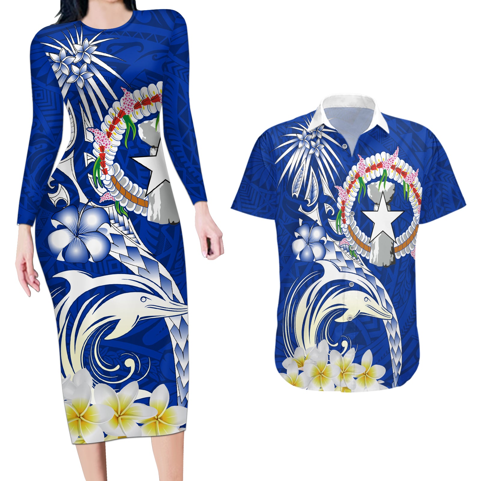 Northern Mariana Islands Commonwealth Day 2024 Couples Matching Long Sleeve Bodycon Dress and Hawaiian Shirt Dolphin With Plumeria Flower LT01 Blue - Polynesian Pride