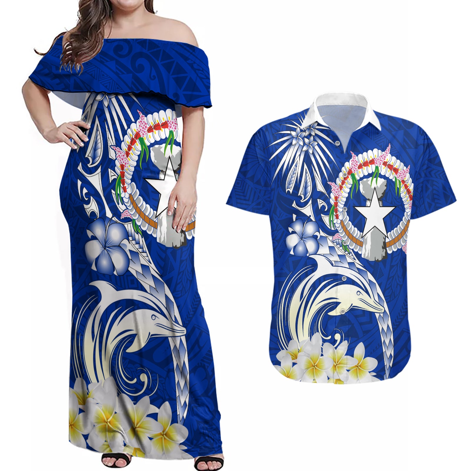 Northern Mariana Islands Commonwealth Day 2024 Couples Matching Off Shoulder Maxi Dress and Hawaiian Shirt Dolphin With Plumeria Flower LT01 Blue - Polynesian Pride