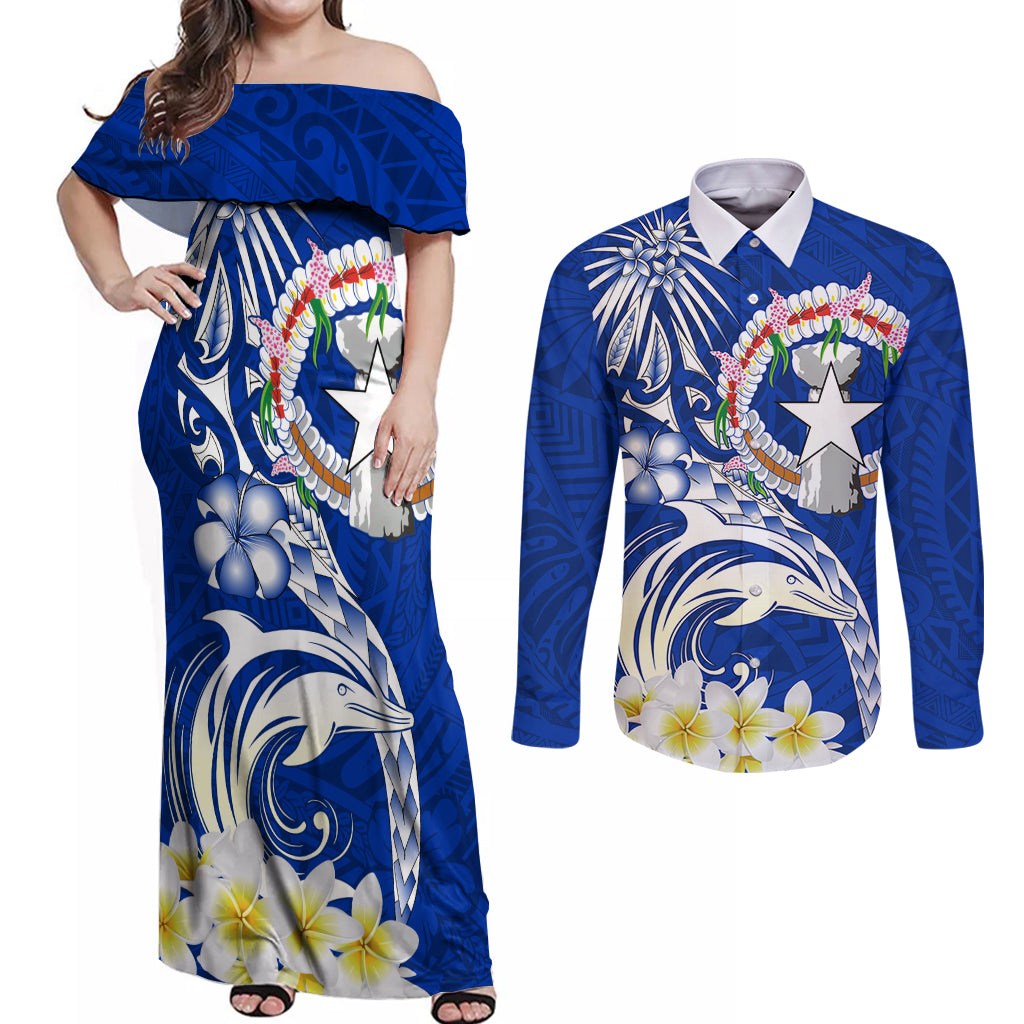 Northern Mariana Islands Commonwealth Day 2024 Couples Matching Off Shoulder Maxi Dress and Long Sleeve Button Shirt Dolphin With Plumeria Flower LT01 Blue - Polynesian Pride