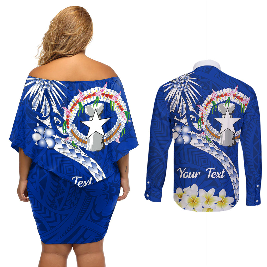 Northern Mariana Islands Commonwealth Day 2024 Couples Matching Off Shoulder Short Dress and Long Sleeve Button Shirt Dolphin With Plumeria Flower LT01 - Polynesian Pride