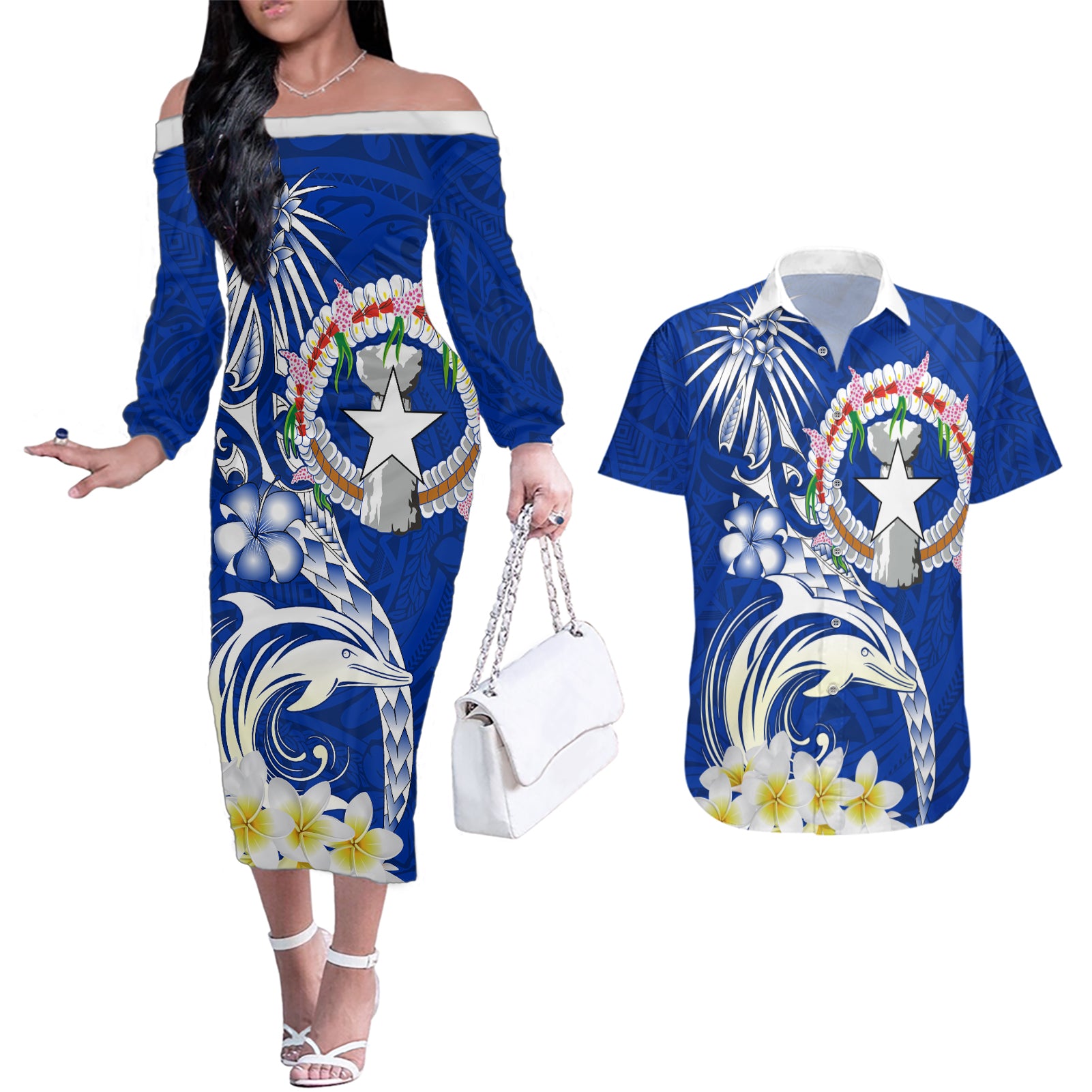 Northern Mariana Islands Commonwealth Day 2024 Couples Matching Off The Shoulder Long Sleeve Dress and Hawaiian Shirt Dolphin With Plumeria Flower LT01 Blue - Polynesian Pride