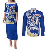 Northern Mariana Islands Commonwealth Day 2024 Couples Matching Puletasi and Long Sleeve Button Shirt Dolphin With Plumeria Flower LT01 Blue - Polynesian Pride