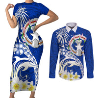 Northern Mariana Islands Commonwealth Day 2024 Couples Matching Short Sleeve Bodycon Dress and Long Sleeve Button Shirt Dolphin With Plumeria Flower LT01 Blue - Polynesian Pride