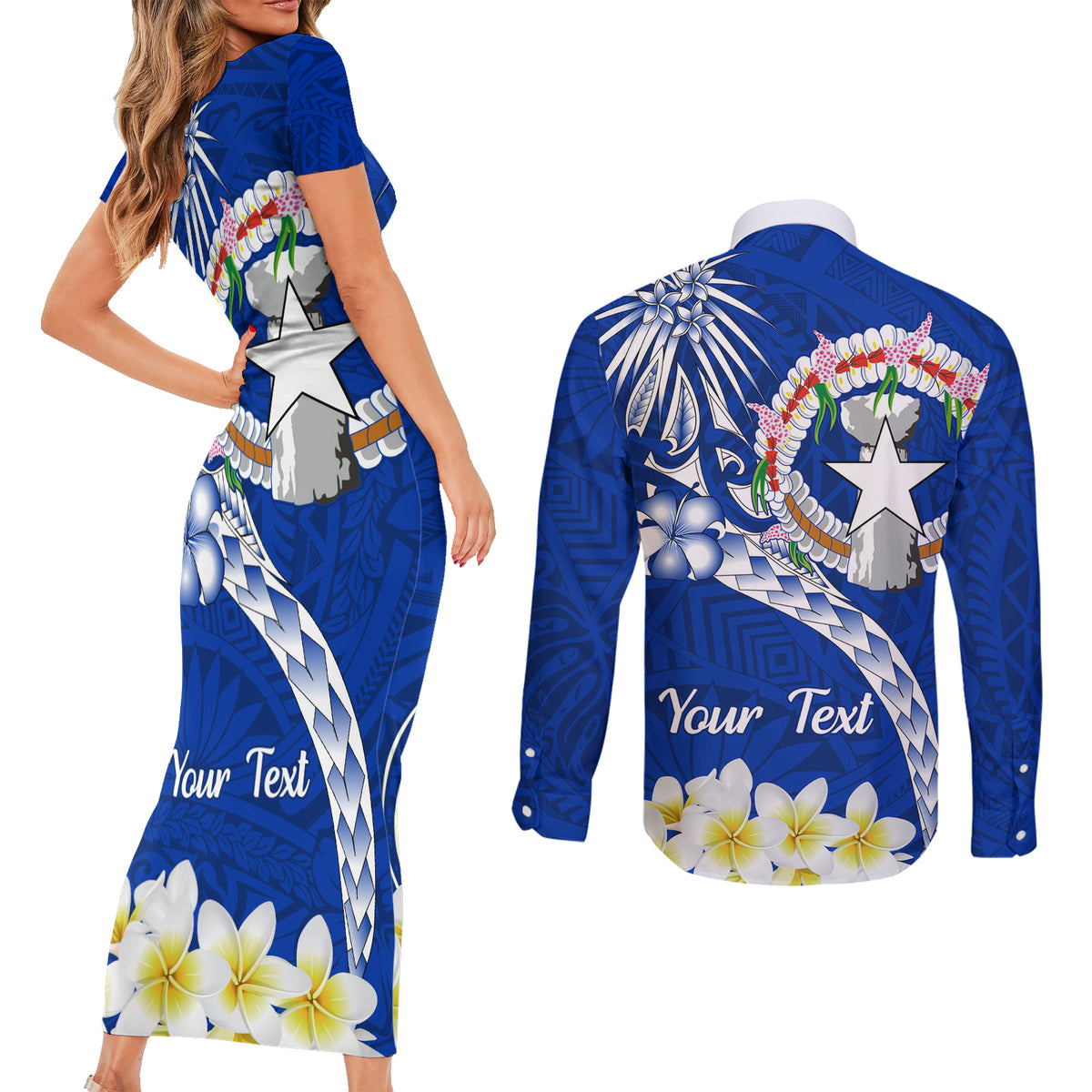 Northern Mariana Islands Commonwealth Day 2024 Couples Matching Short Sleeve Bodycon Dress and Long Sleeve Button Shirt Dolphin With Plumeria Flower LT01 - Polynesian Pride