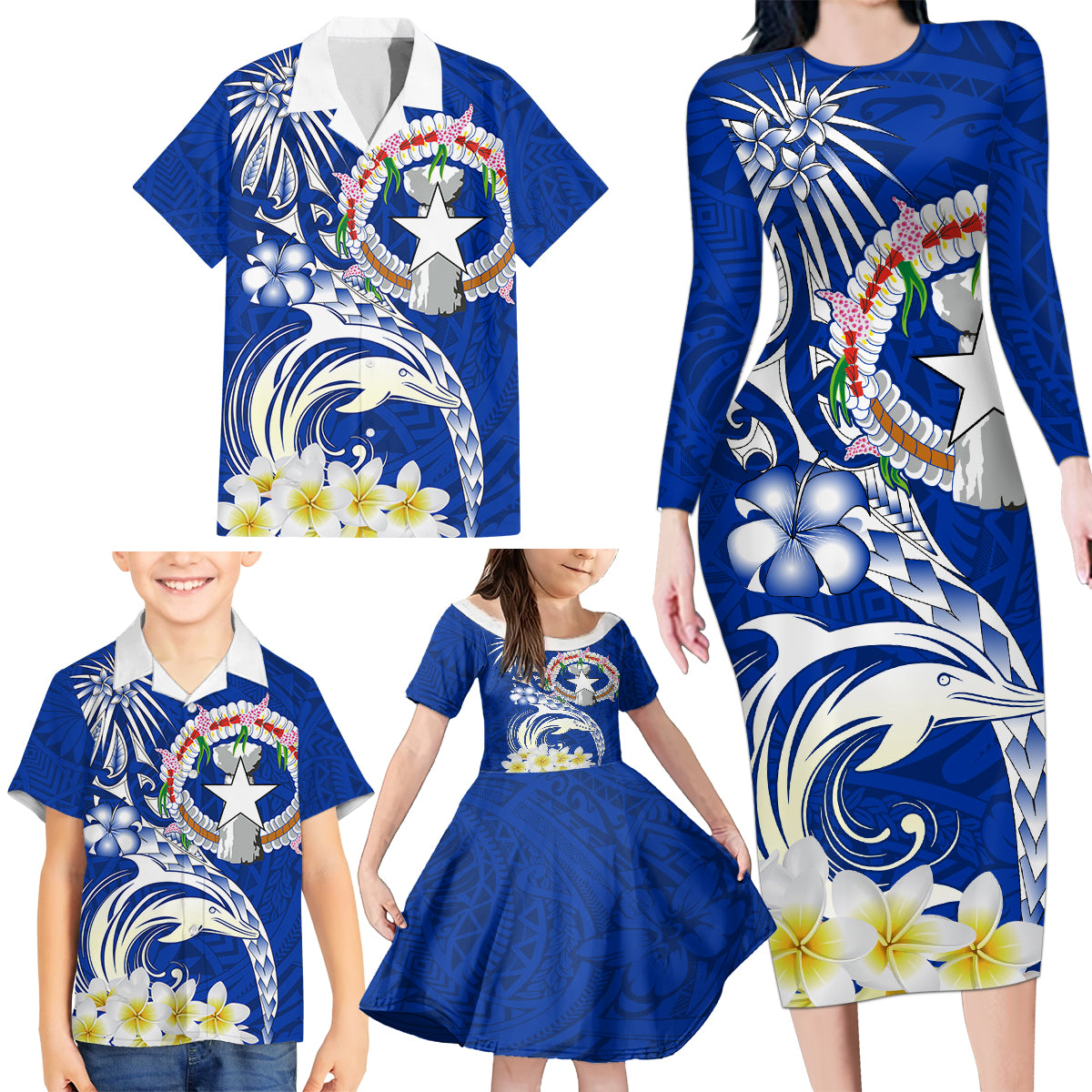 Northern Mariana Islands Commonwealth Day 2024 Family Matching Long Sleeve Bodycon Dress and Hawaiian Shirt Dolphin With Plumeria Flower LT01 - Polynesian Pride