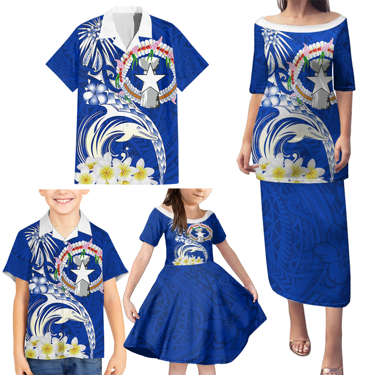 Northern Mariana Islands Commonwealth Day 2024 Family Matching Puletasi and Hawaiian Shirt Dolphin With Plumeria Flower LT01 - Polynesian Pride