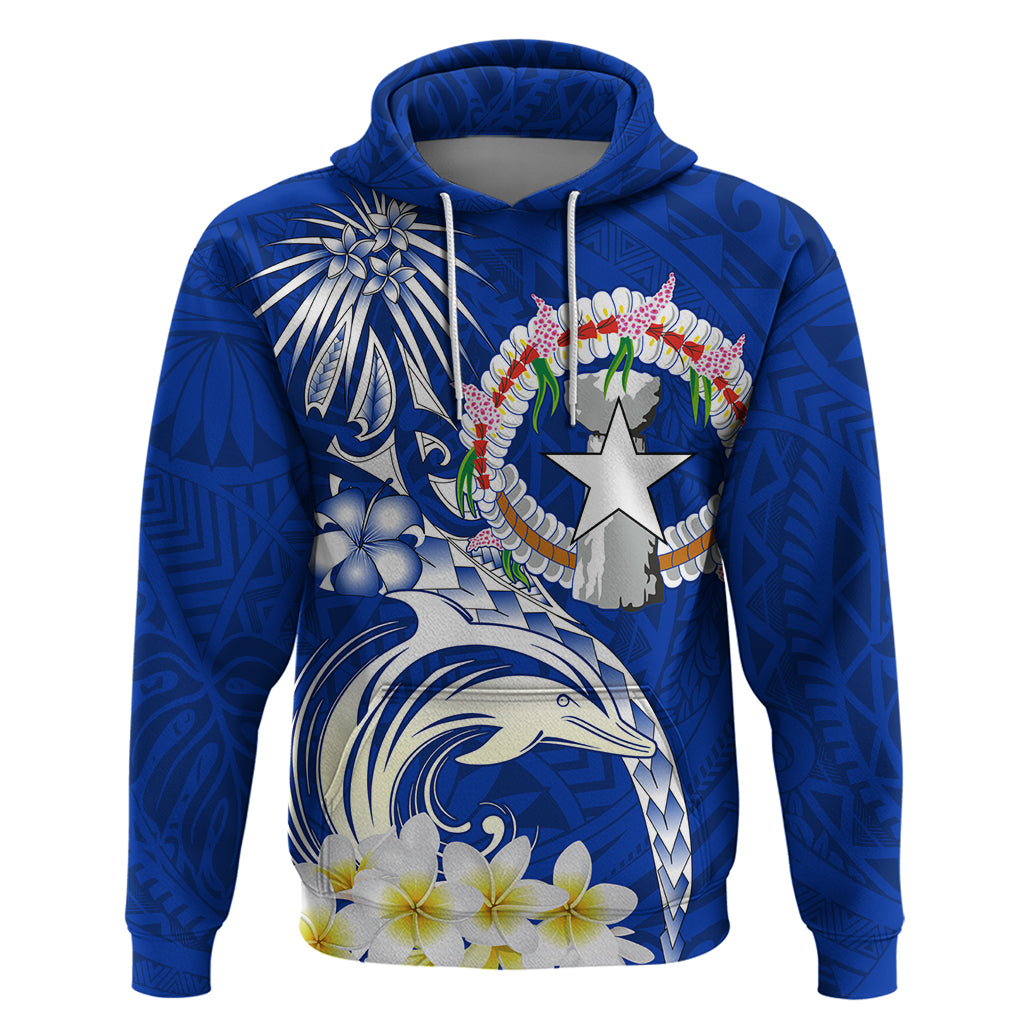 Northern Mariana Islands Commonwealth Day 2024 Hoodie Dolphin With Plumeria Flower LT01 Pullover Hoodie Blue - Polynesian Pride