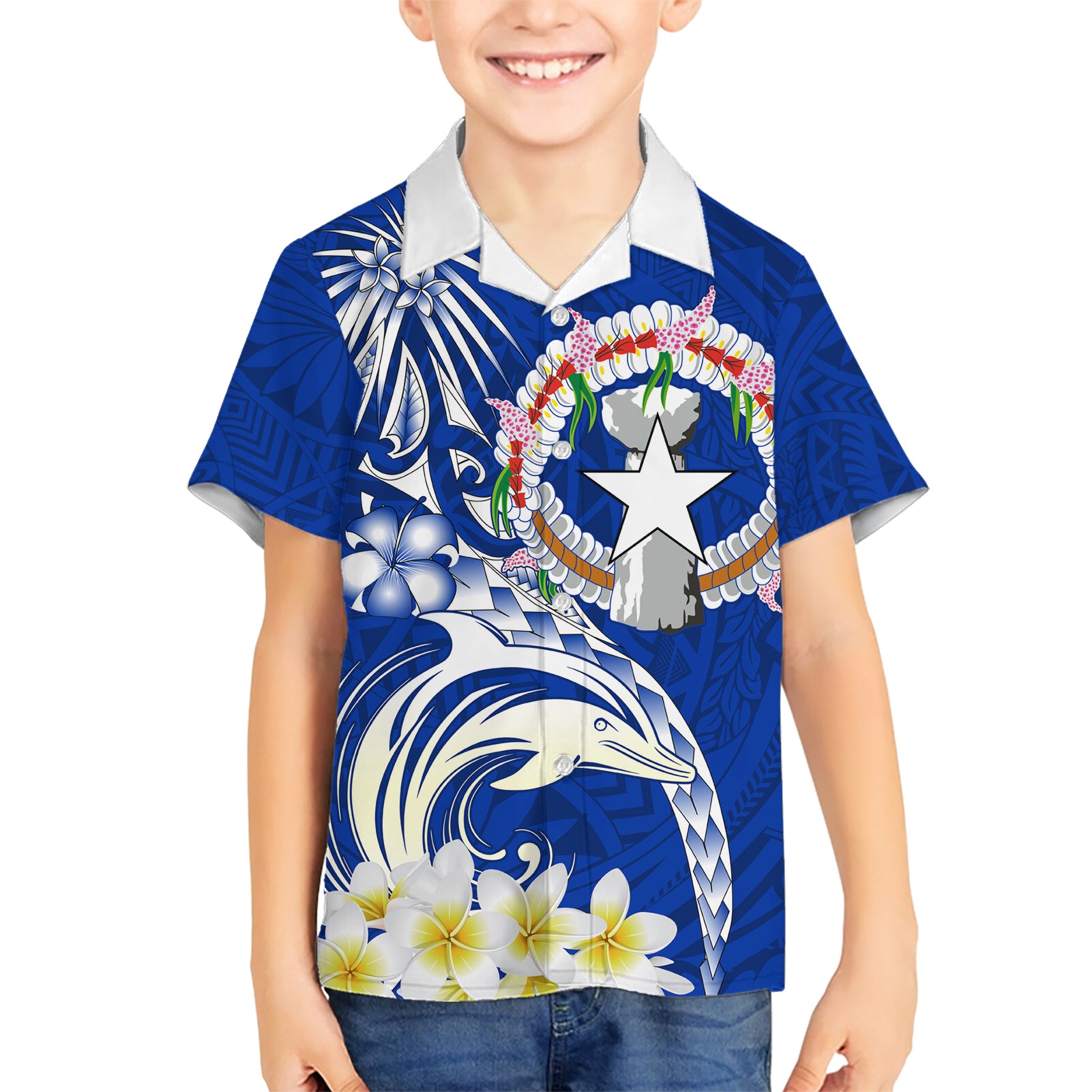Northern Mariana Islands Commonwealth Day 2024 Kid Hawaiian Shirt Dolphin With Plumeria Flower LT01 Kid Blue - Polynesian Pride