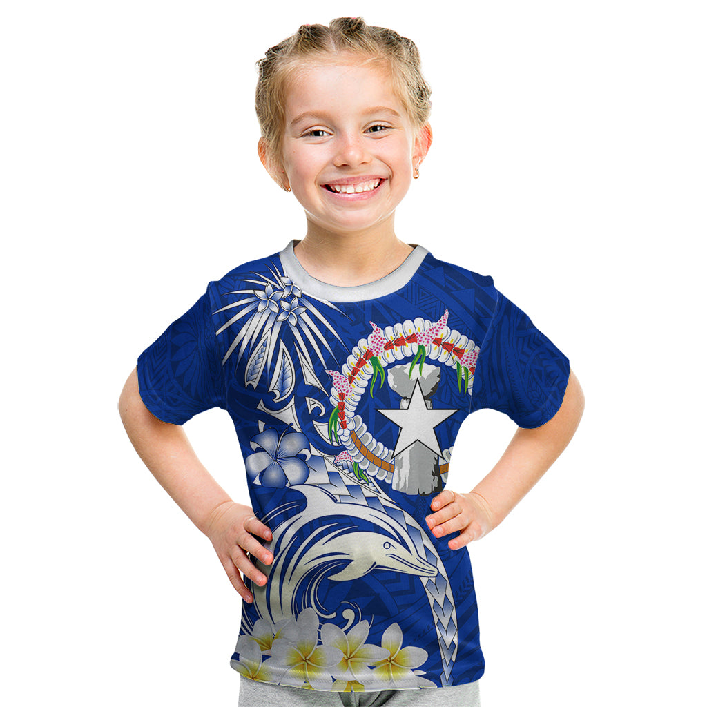 Northern Mariana Islands Commonwealth Day 2024 Kid T Shirt Dolphin With Plumeria Flower LT01 Blue - Polynesian Pride