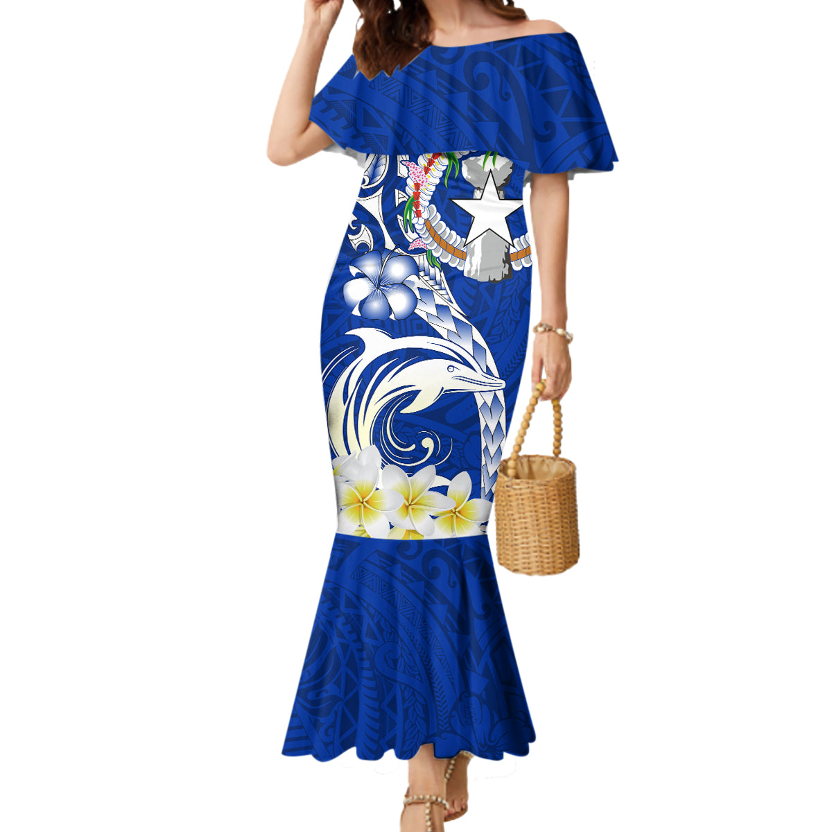 Northern Mariana Islands Commonwealth Day 2024 Mermaid Dress Dolphin With Plumeria Flower LT01 Women Blue - Polynesian Pride