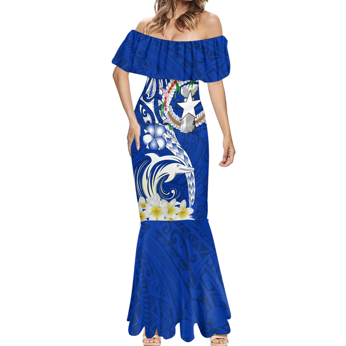 Northern Mariana Islands Commonwealth Day 2024 Mermaid Dress Dolphin With Plumeria Flower LT01 - Polynesian Pride