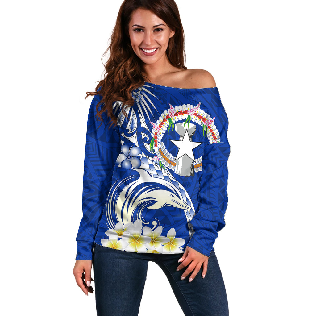 Northern Mariana Islands Commonwealth Day 2024 Off Shoulder Sweater Dolphin With Plumeria Flower LT01 Women Blue - Polynesian Pride