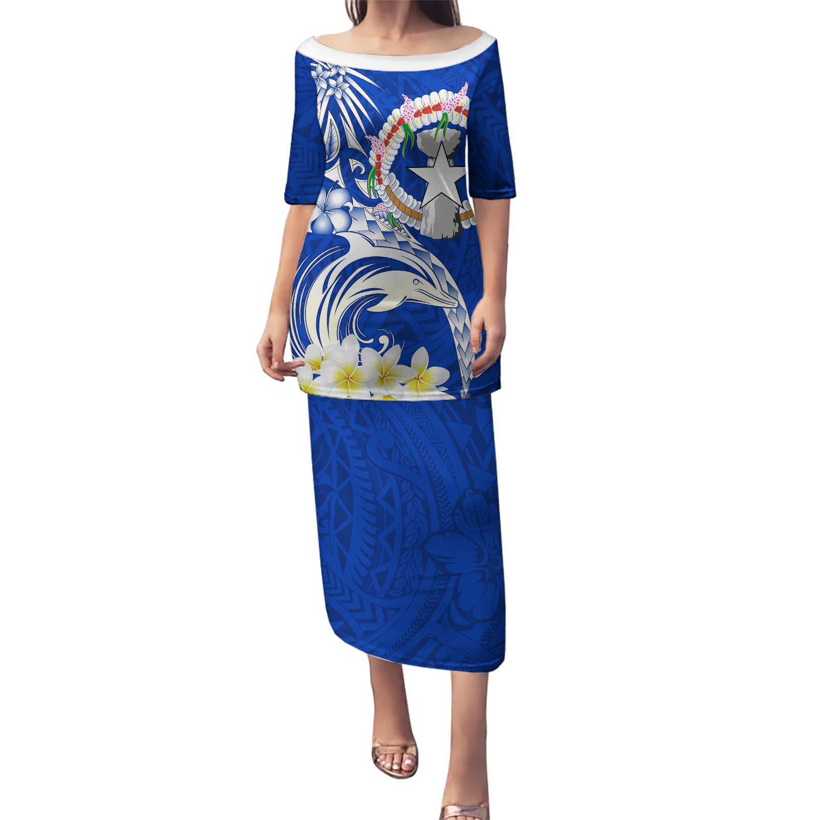 Northern Mariana Islands Commonwealth Day 2024 Puletasi Dolphin With Plumeria Flower LT01 Long Dress Blue - Polynesian Pride