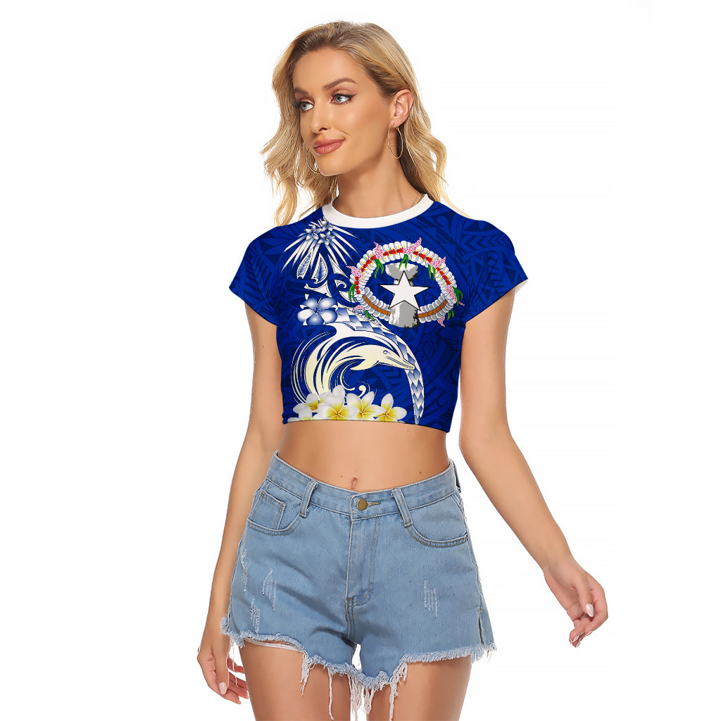 Northern Mariana Islands Commonwealth Day 2024 Raglan Cropped T Shirt Dolphin With Plumeria Flower LT01 Female Blue - Polynesian Pride