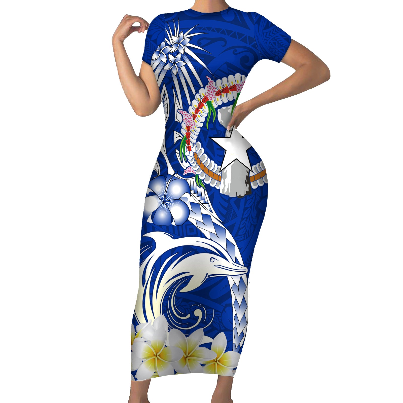 Northern Mariana Islands Commonwealth Day 2024 Short Sleeve Bodycon Dress Dolphin With Plumeria Flower LT01 Long Dress Blue - Polynesian Pride