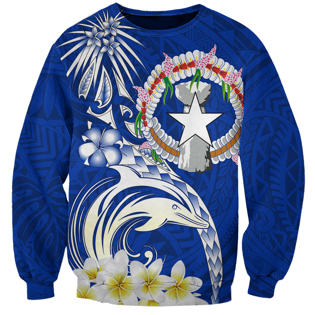 Northern Mariana Islands Commonwealth Day 2024 Sweatshirt Dolphin With Plumeria Flower LT01 Unisex Blue - Polynesian Pride