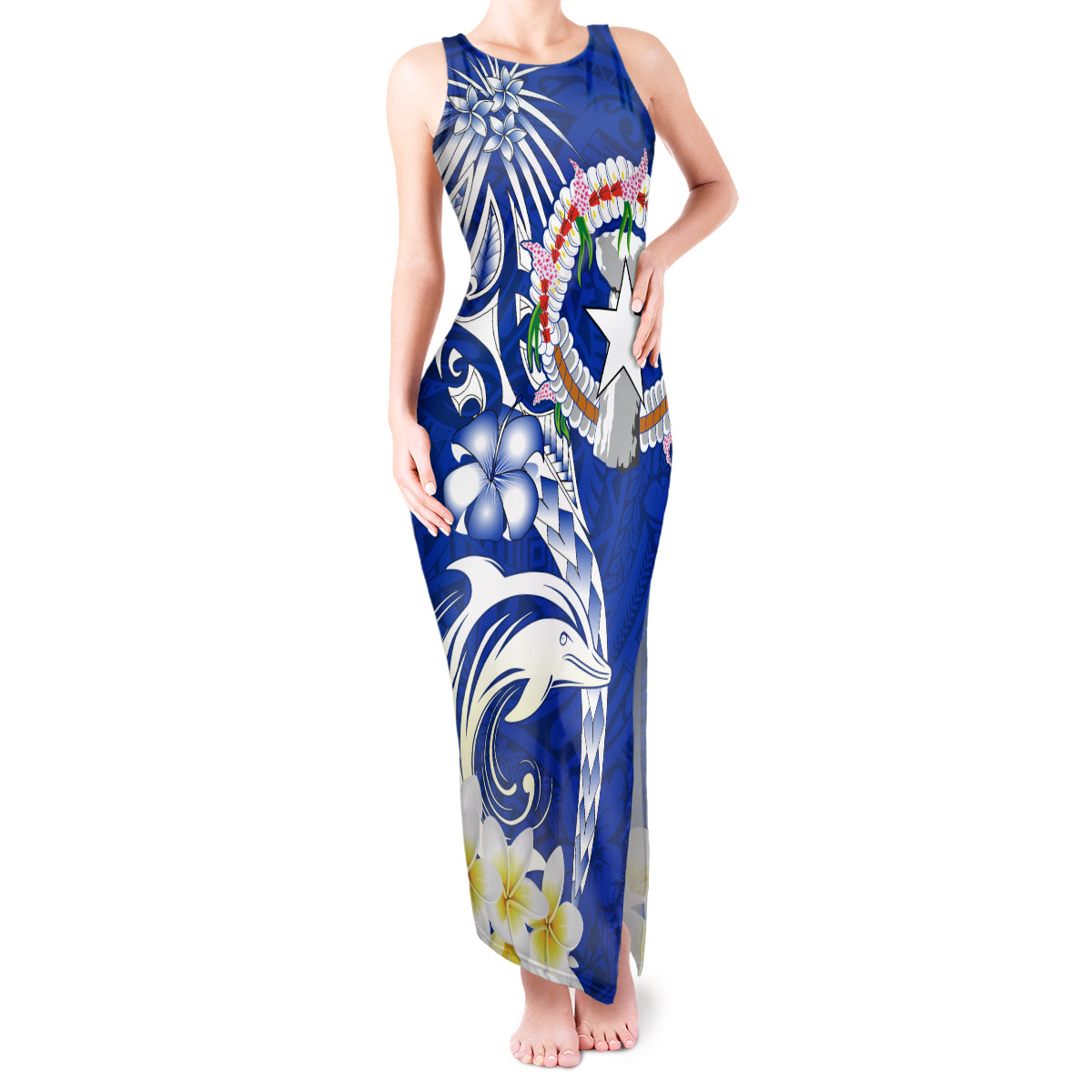 Northern Mariana Islands Commonwealth Day 2024 Tank Maxi Dress Dolphin With Plumeria Flower LT01 Women Blue - Polynesian Pride