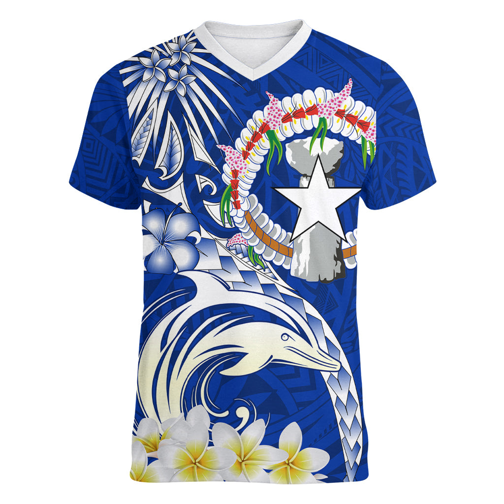 Northern Mariana Islands Commonwealth Day 2024 Women V Neck T Shirt Dolphin With Plumeria Flower LT01 Female Blue - Polynesian Pride