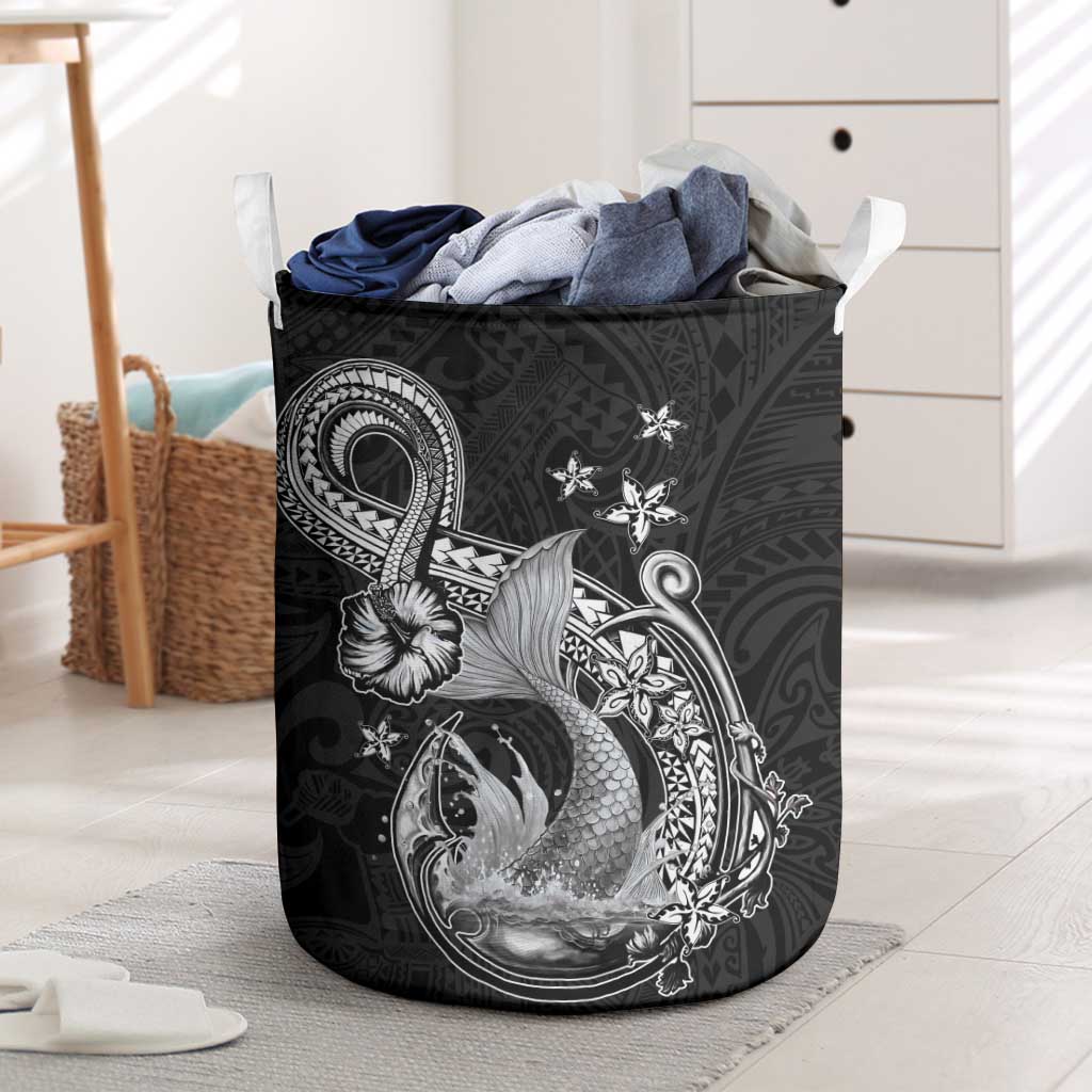 Hawaii Mermaid Monotone Laundry Basket Polynesian Pattern Fish Hook LT01 Black - Polynesian Pride