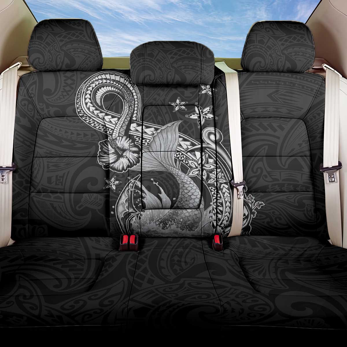 Hawaii Mermaid Monotone Back Car Seat Cover Polynesian Pattern Fish Hook LT01 One Size Black - Polynesian Pride