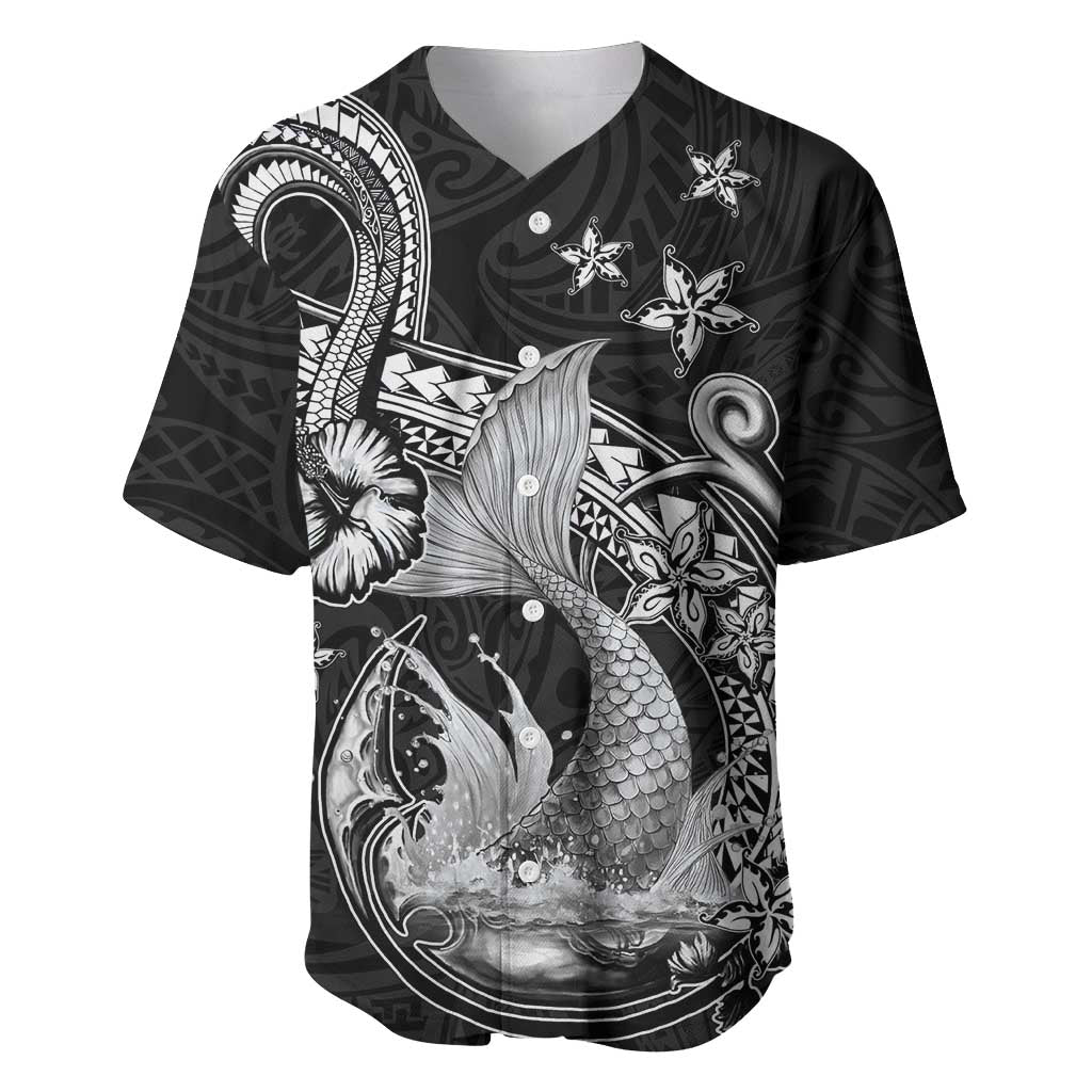 Hawaii Mermaid Monotone Baseball Jersey Polynesian Pattern Fish Hook LT01 Black - Polynesian Pride