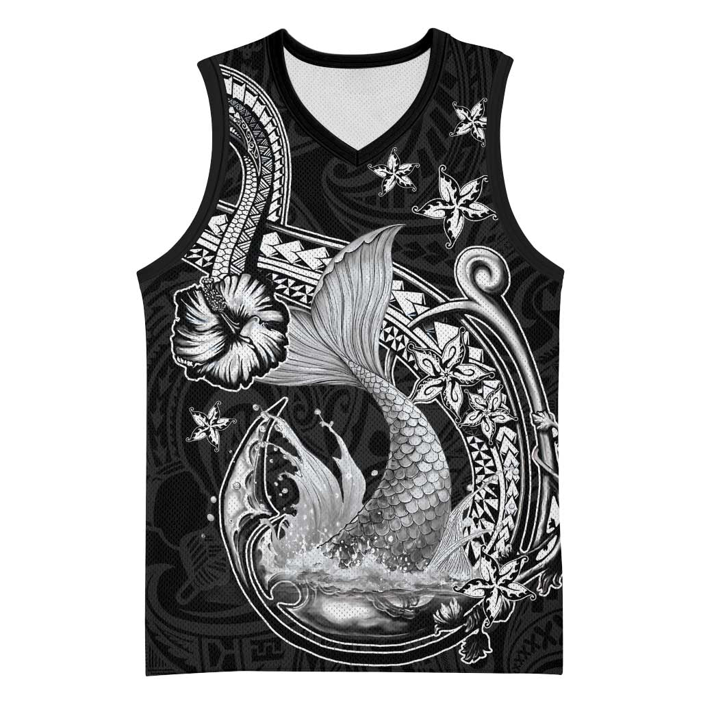 Hawaii Mermaid Monotone Basketball Jersey Polynesian Pattern Fish Hook LT01 Unisex Black - Polynesian Pride