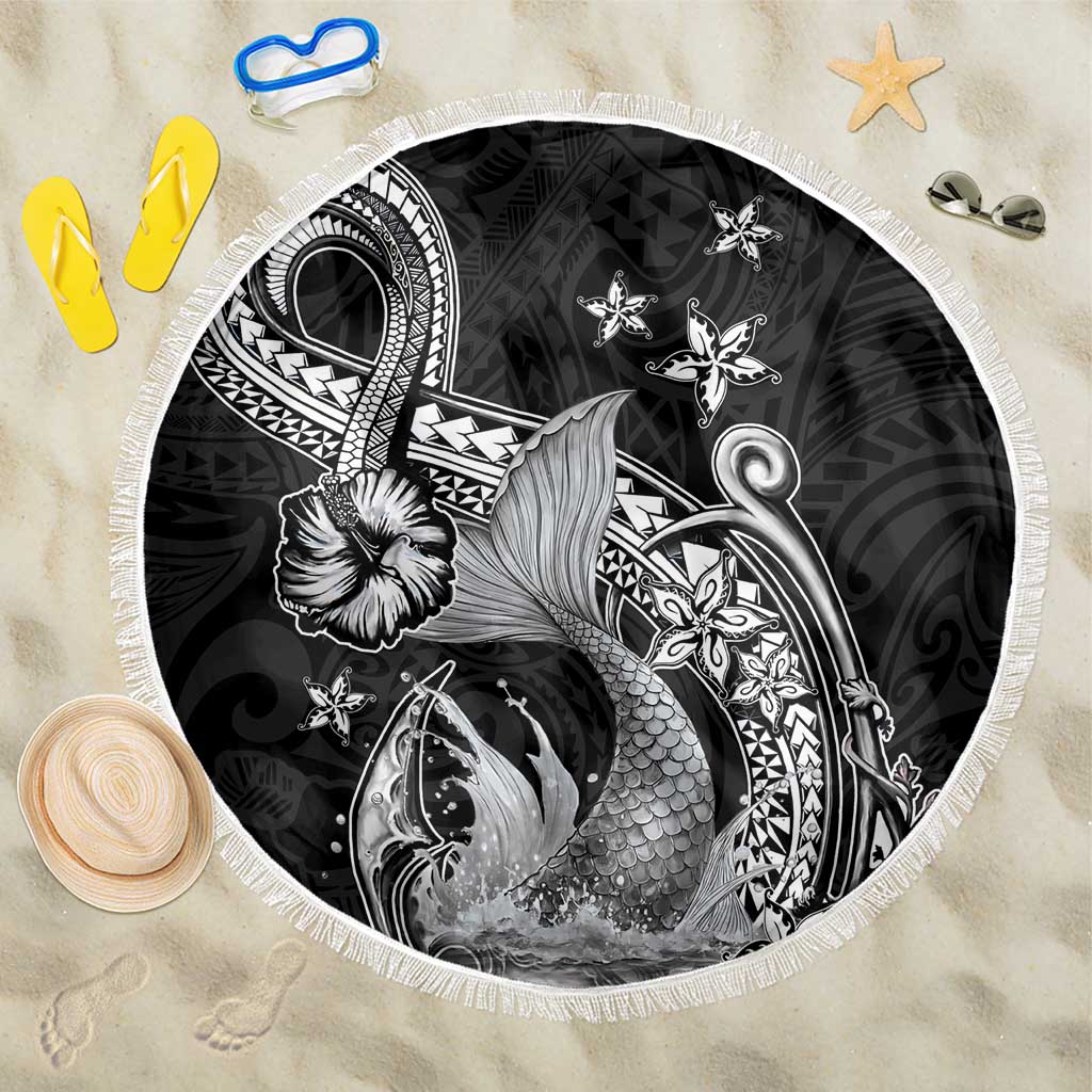 Hawaii Mermaid Monotone Beach Blanket Polynesian Pattern Fish Hook LT01 One Size 150cm Black - Polynesian Pride