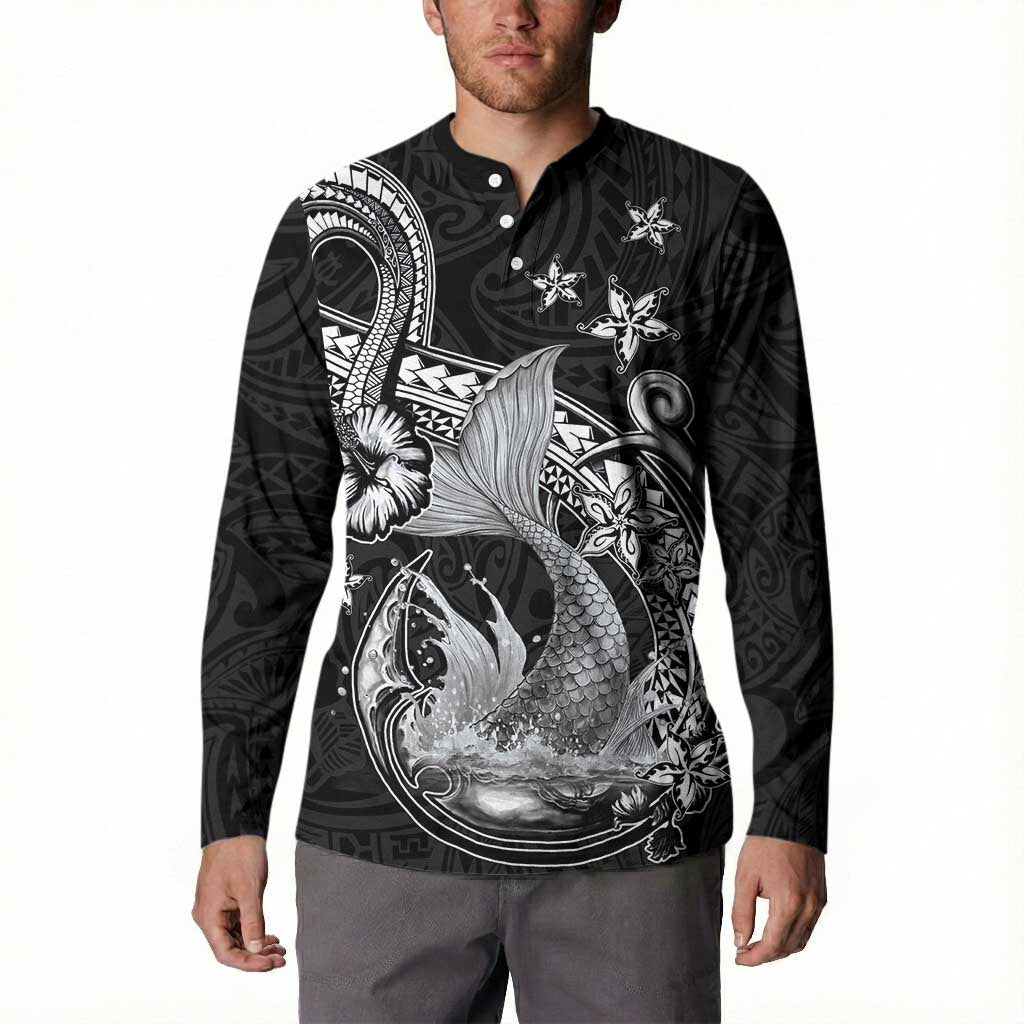Hawaii Mermaid Monotone Button Sweatshirt Polynesian Pattern Fish Hook LT01 - Polynesian Pride